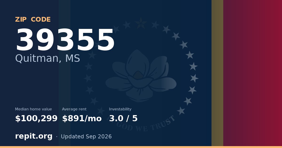 ZIP code 39355 (Quitman, MS) — median home value $100,299, average rent $891/mo