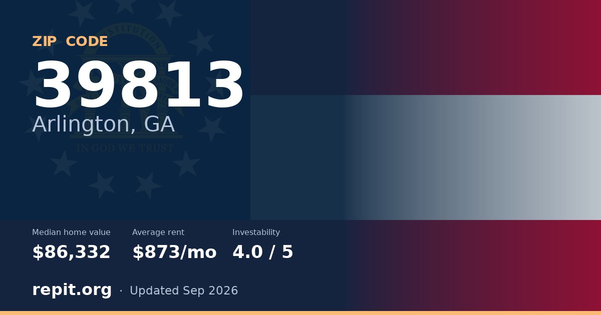 ZIP code 39813 (Arlington, GA) — median home value $86,332, average rent $873/mo