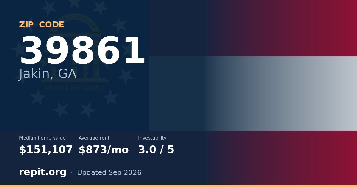 ZIP code 39861 (Jakin, GA) — median home value $151,107, average rent $873/mo
