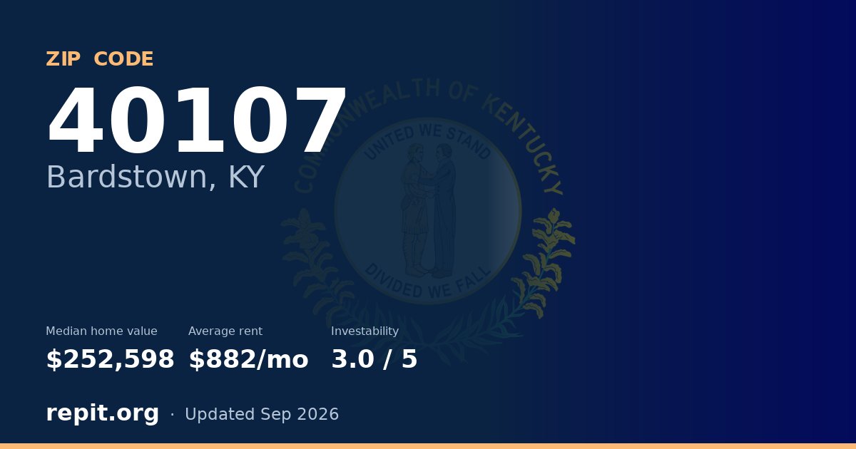 ZIP code 40107 (Bardstown, KY) — median home value $252,598, average rent $882/mo