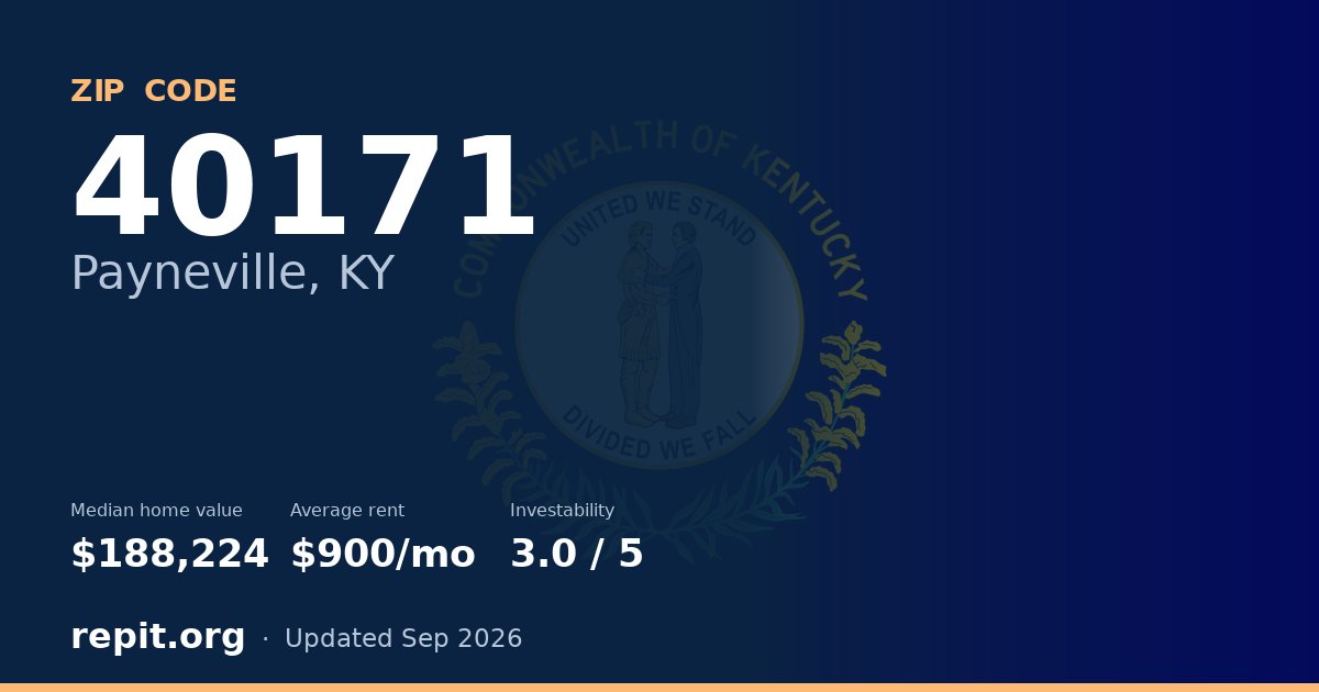 ZIP code 40171 (Payneville, KY) — median home value $188,224, average rent $900/mo