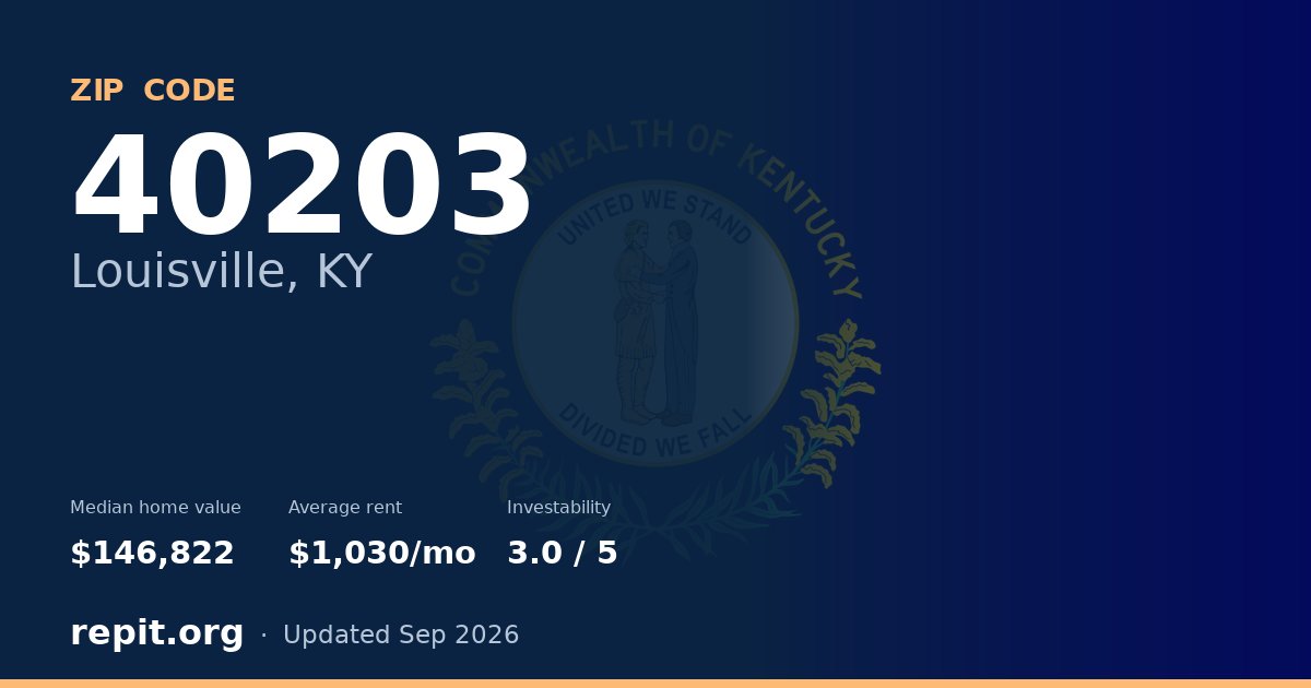 ZIP code 40203 (Louisville, KY) — median home value $146,822, average rent $1,030/mo