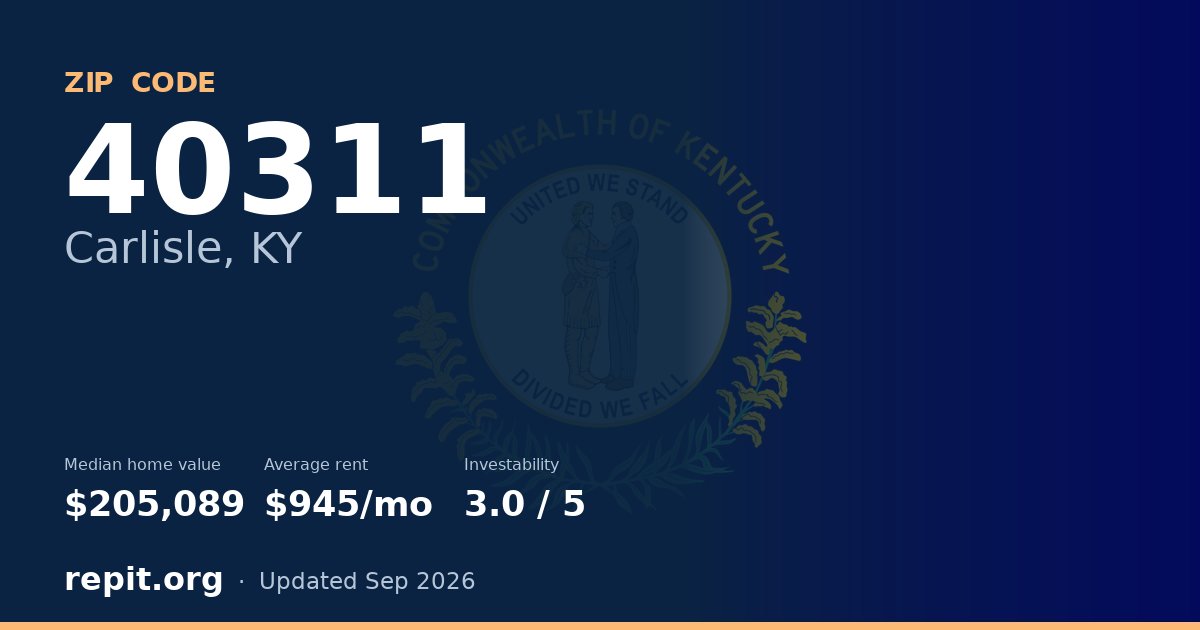 ZIP code 40311 (Carlisle, KY) — median home value $205,089, average rent $945/mo