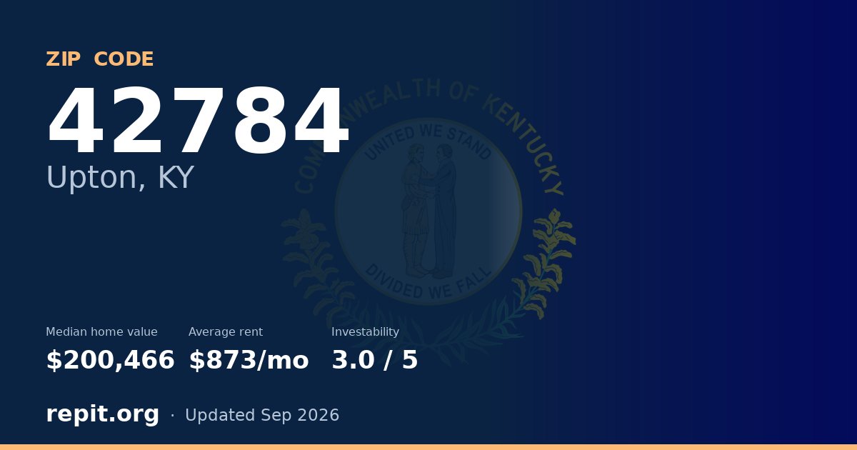 ZIP code 42784 (Upton, KY) — median home value $200,466, average rent $873/mo