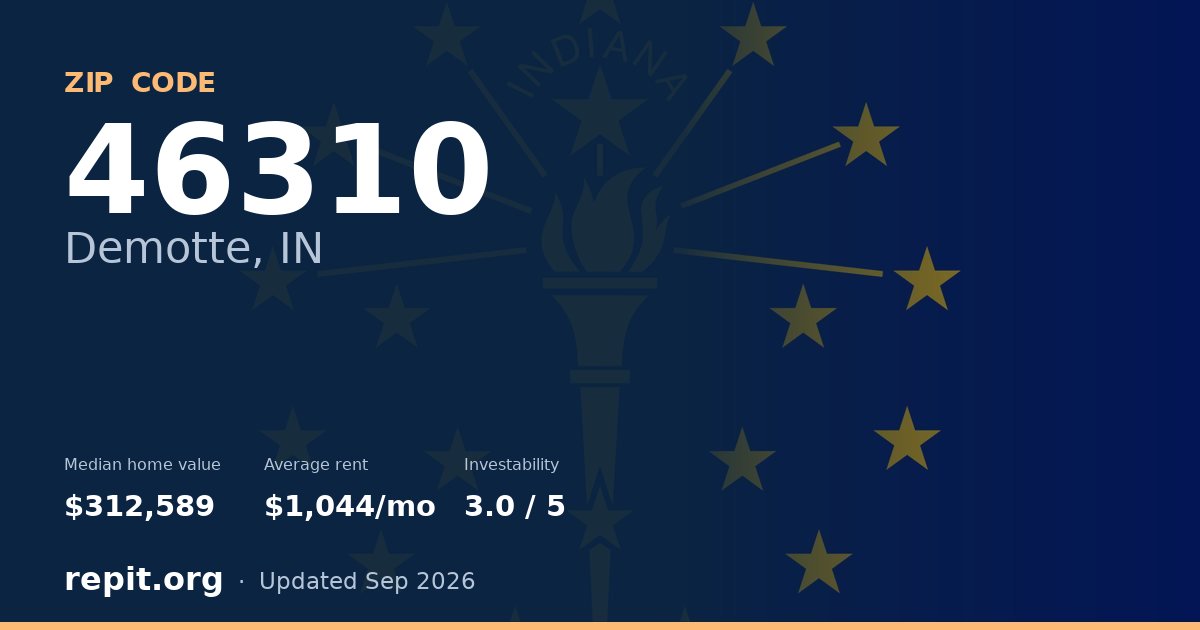 ZIP code 46310 (Demotte, IN) — median home value $312,589, average rent $1,044/mo