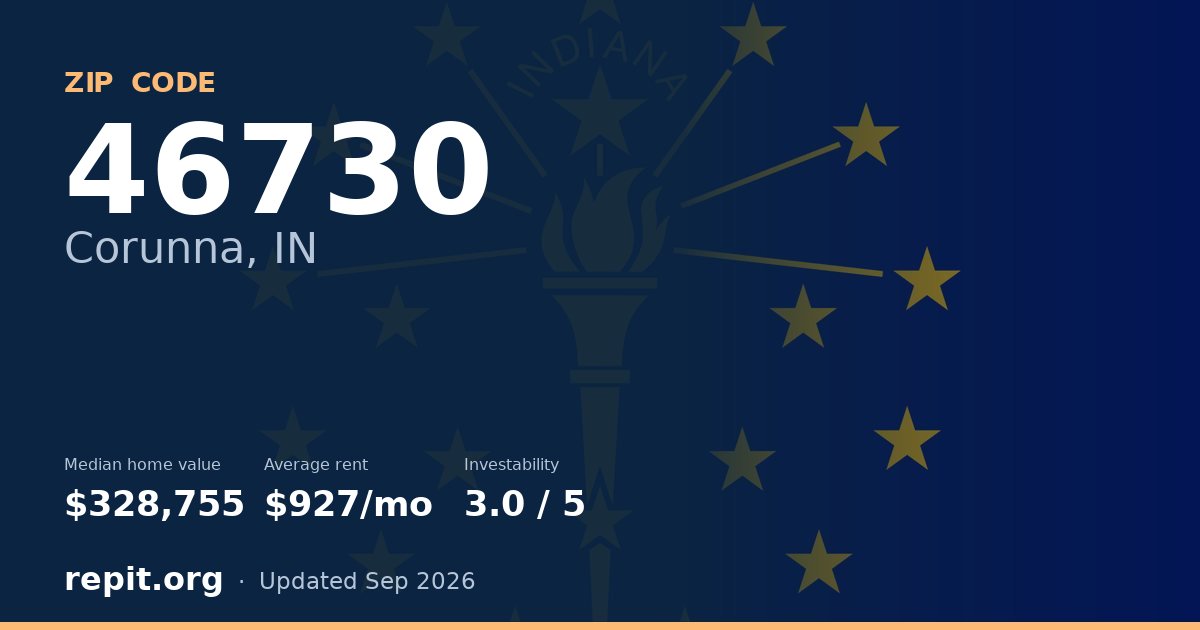 ZIP code 46730 (Corunna, IN) — median home value $328,755, average rent $927/mo