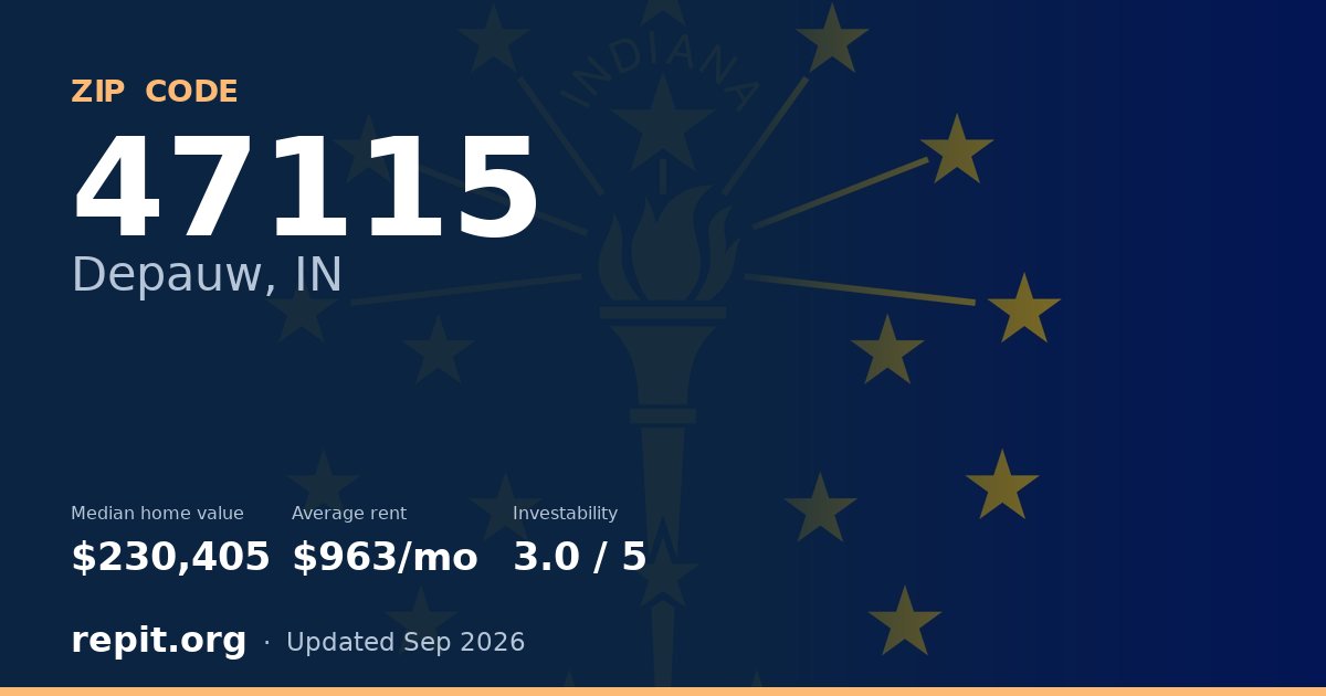 ZIP code 47115 (Depauw, IN) — median home value $230,405, average rent $963/mo