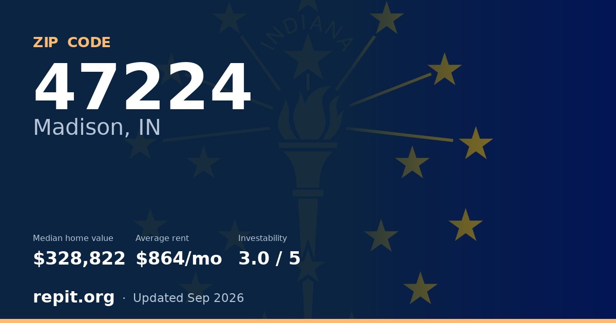 ZIP code 47224 (Madison, IN) — median home value $328,822, average rent $864/mo