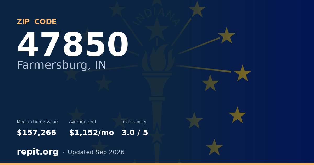 ZIP code 47850 (Farmersburg, IN) — median home value $157,266, average rent $1,152/mo
