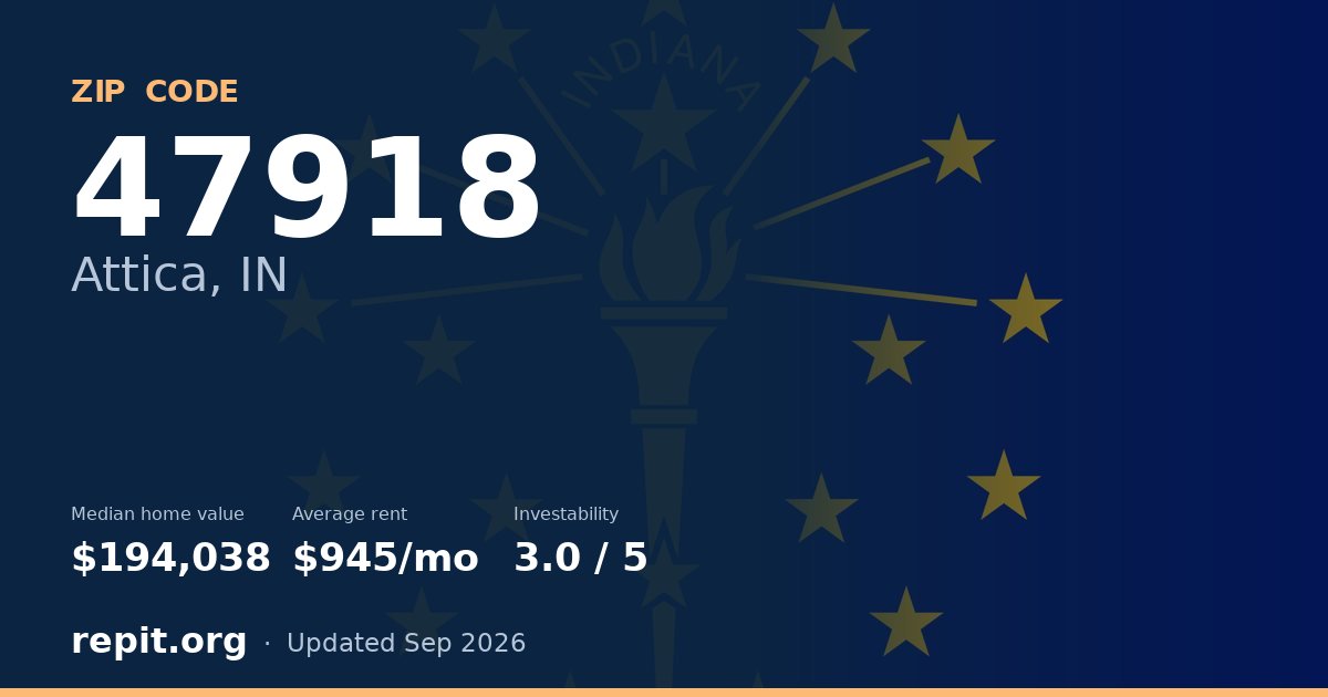 ZIP code 47918 (Attica, IN) — median home value $194,038, average rent $945/mo