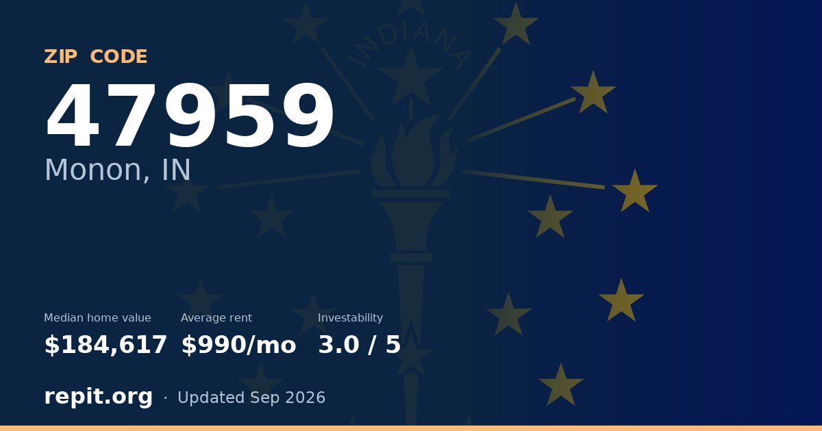 ZIP code 47959 (Monon, IN) — median home value $184,617, average rent $990/mo