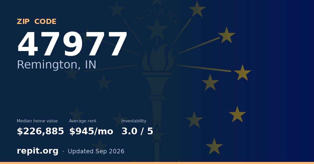 ZIP code 47977 (Remington, IN) — median home value $226,885, average rent $945/mo