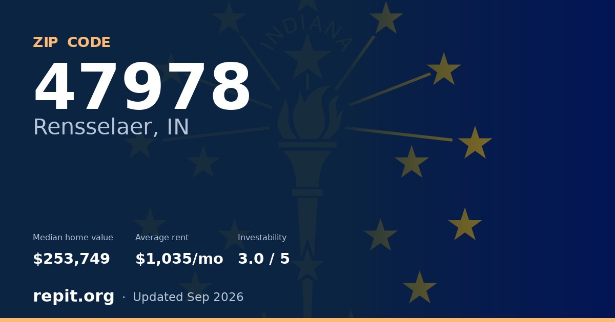 ZIP code 47978 (Rensselaer, IN) — median home value $253,749, average rent $1,035/mo