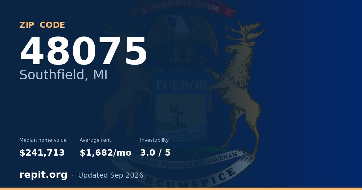 ZIP code 48075 (Southfield, MI) — median home value $241,713, average rent $1,682/mo