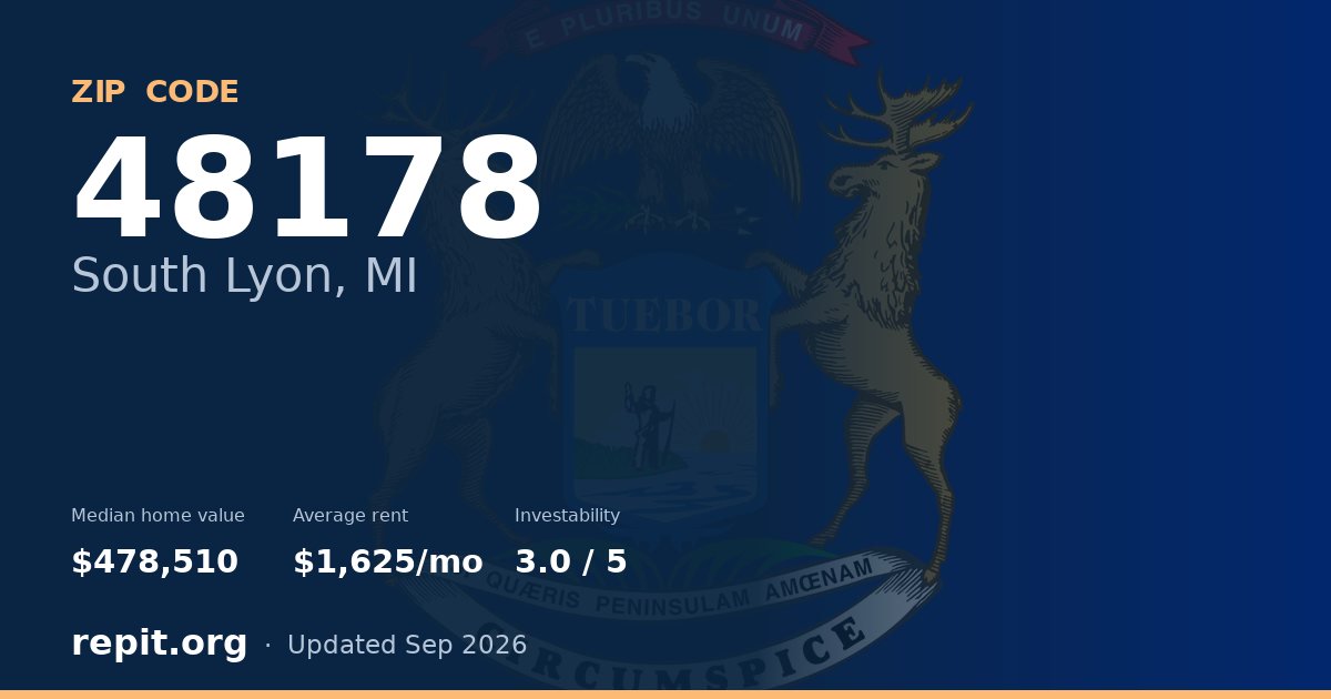 ZIP code 48178 (South Lyon, MI) — median home value $478,510, average rent $1,625/mo