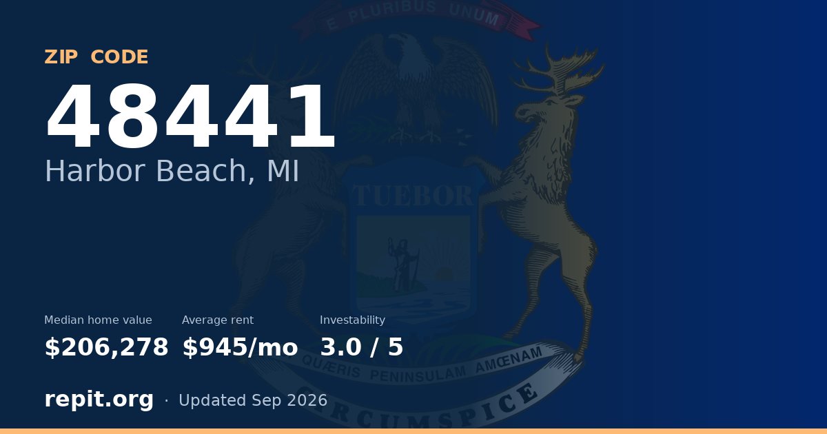 ZIP code 48441 (Harbor Beach, MI) — median home value $206,278, average rent $945/mo