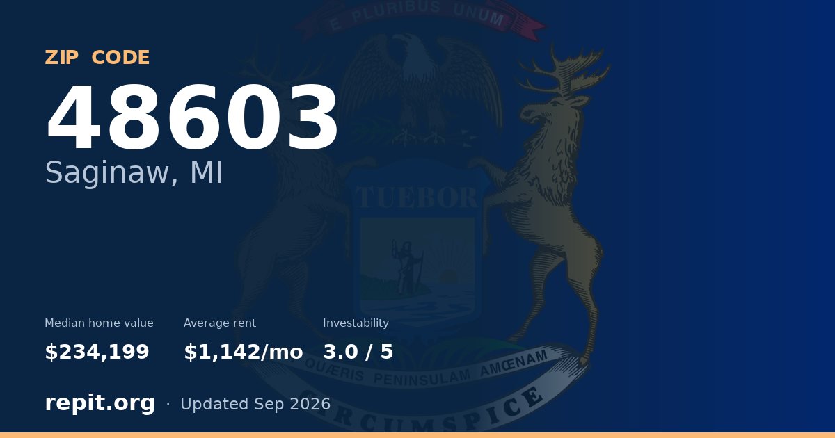 ZIP code 48603 (Saginaw, MI) — median home value $234,199, average rent $1,142/mo