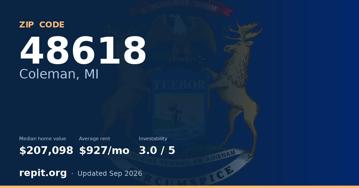 ZIP code 48618 (Coleman, MI) — median home value $207,098, average rent $927/mo