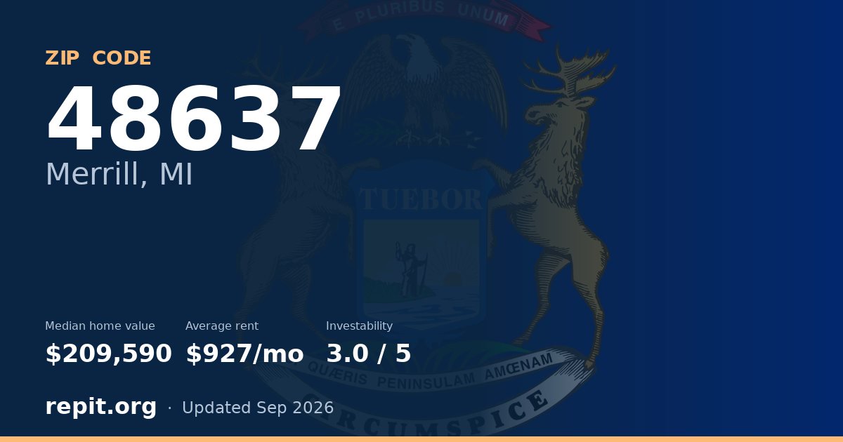 ZIP code 48637 (Merrill, MI) — median home value $209,590, average rent $927/mo