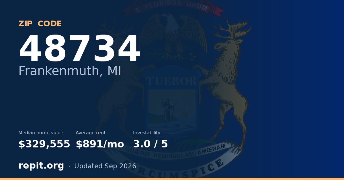 ZIP code 48734 (Frankenmuth, MI) — median home value $329,555, average rent $891/mo