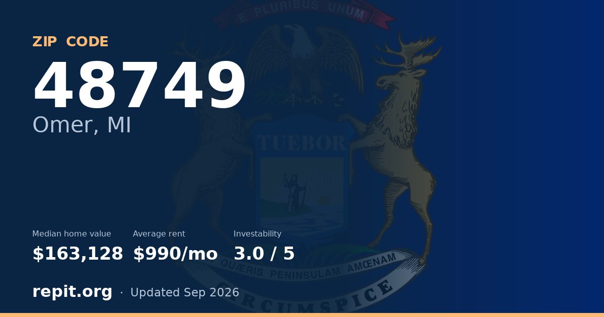 ZIP code 48749 (Omer, MI) — median home value $163,128, average rent $990/mo