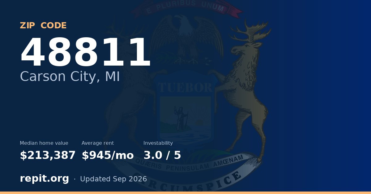 ZIP code 48811 (Carson City, MI) — median home value $213,387, average rent $945/mo