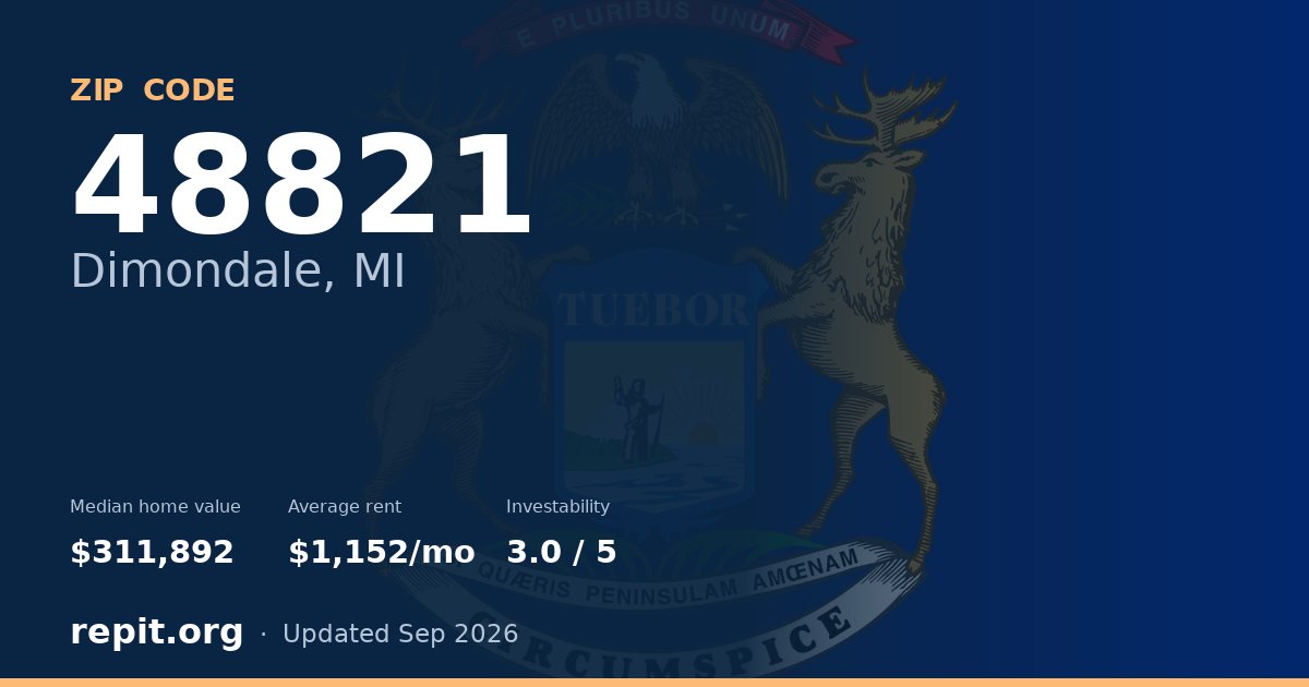 ZIP code 48821 (Dimondale, MI) — median home value $311,892, average rent $1,152/mo