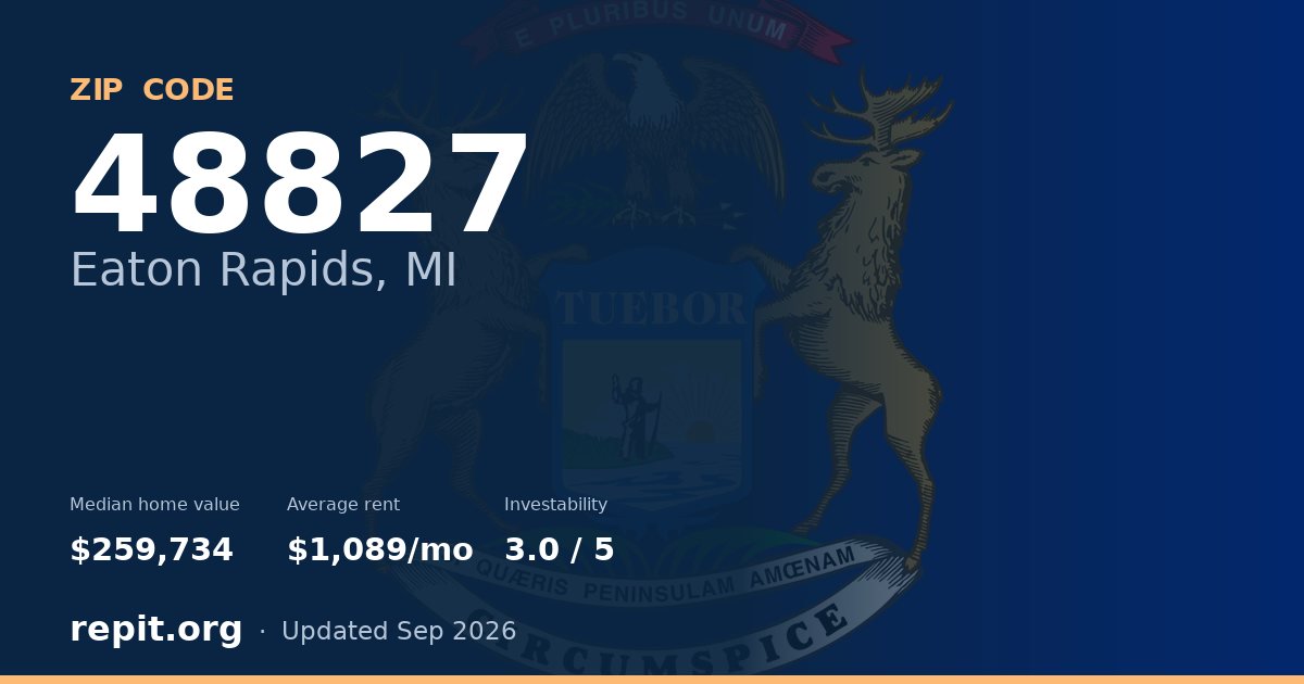 ZIP code 48827 (Eaton Rapids, MI) — median home value $259,734, average rent $1,089/mo