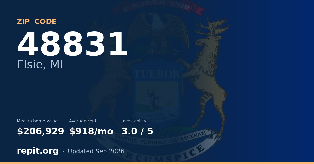ZIP code 48831 (Elsie, MI) — median home value $206,929, average rent $918/mo