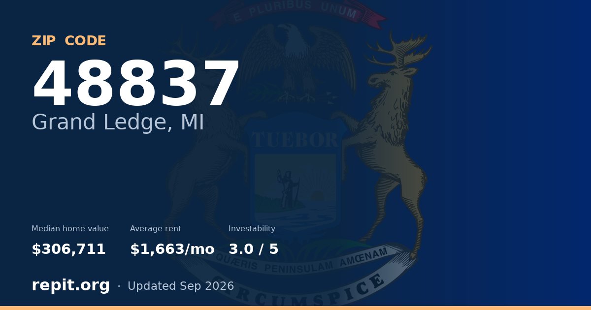 ZIP code 48837 (Grand Ledge, MI) — median home value $306,711, average rent $1,663/mo