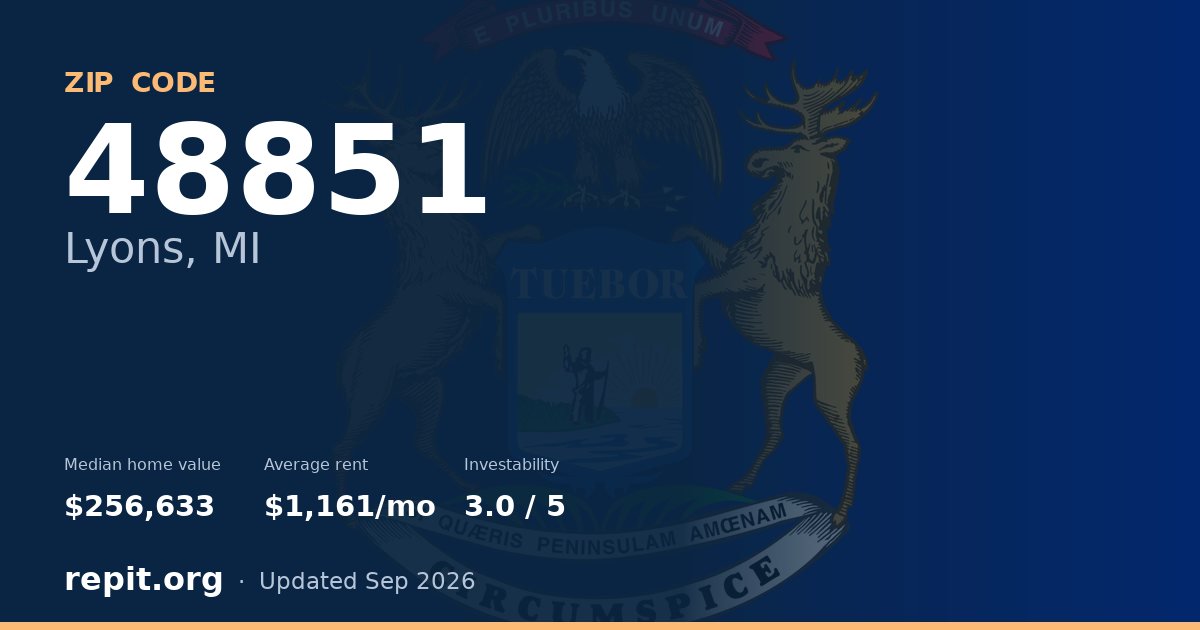 ZIP code 48851 (Lyons, MI) — median home value $256,633, average rent $1,161/mo