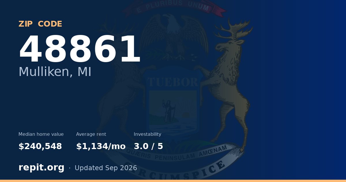 ZIP code 48861 (Mulliken, MI) — median home value $240,548, average rent $1,134/mo