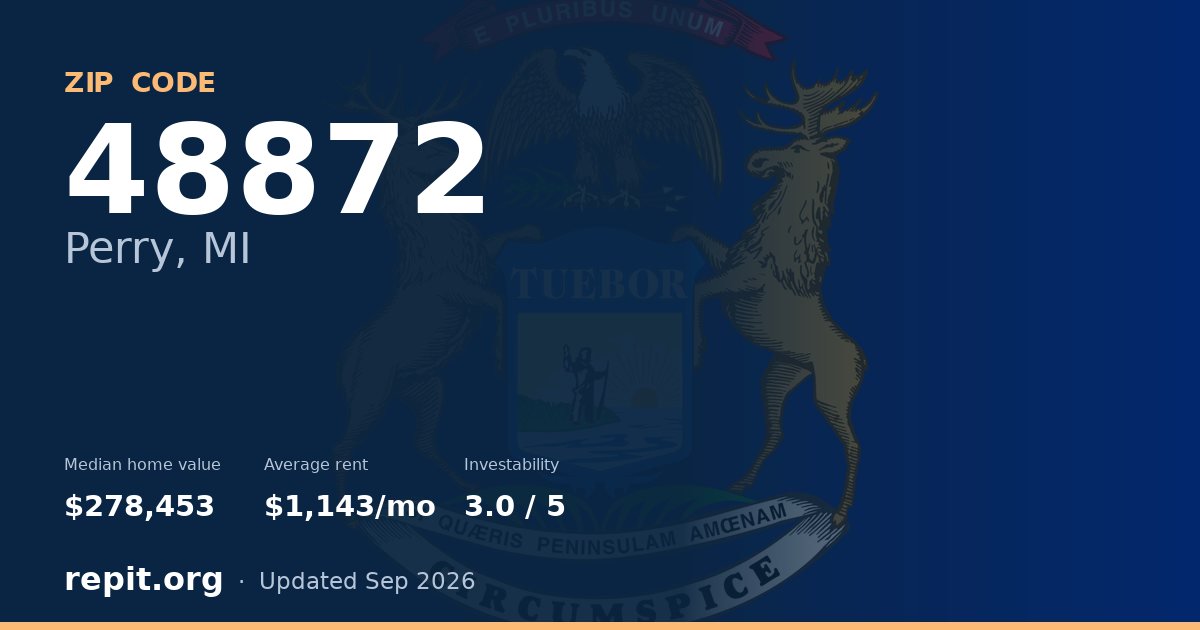 ZIP code 48872 (Perry, MI) — median home value $278,453, average rent $1,143/mo