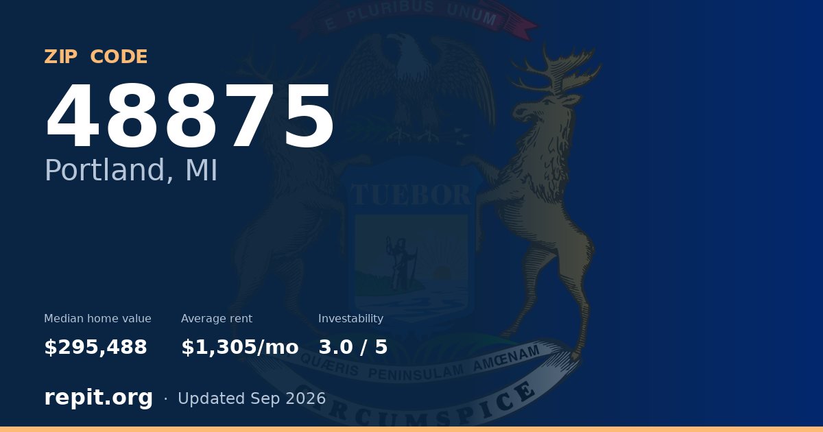 ZIP code 48875 (Portland, MI) — median home value $295,488, average rent $1,305/mo
