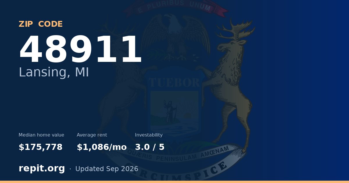 ZIP code 48911 (Lansing, MI) — median home value $175,778, average rent $1,086/mo