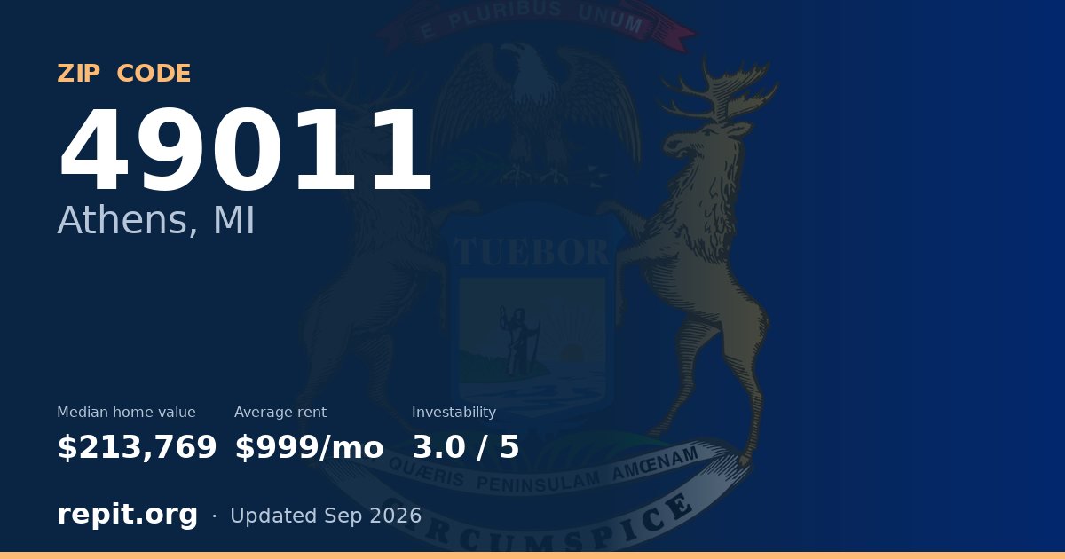 ZIP code 49011 (Athens, MI) — median home value $213,769, average rent $999/mo