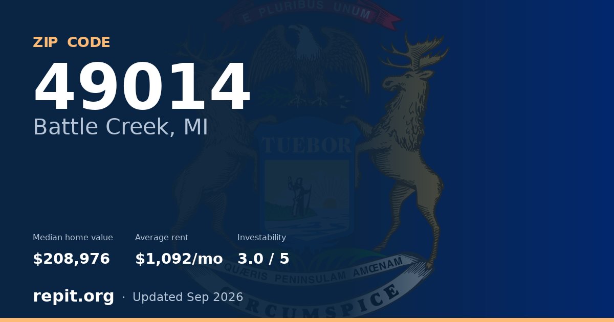 ZIP code 49014 (Battle Creek, MI) — median home value $208,976, average rent $1,092/mo