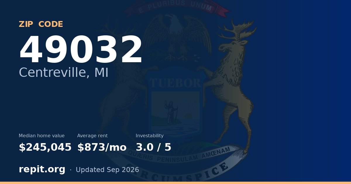 ZIP code 49032 (Centreville, MI) — median home value $245,045, average rent $873/mo