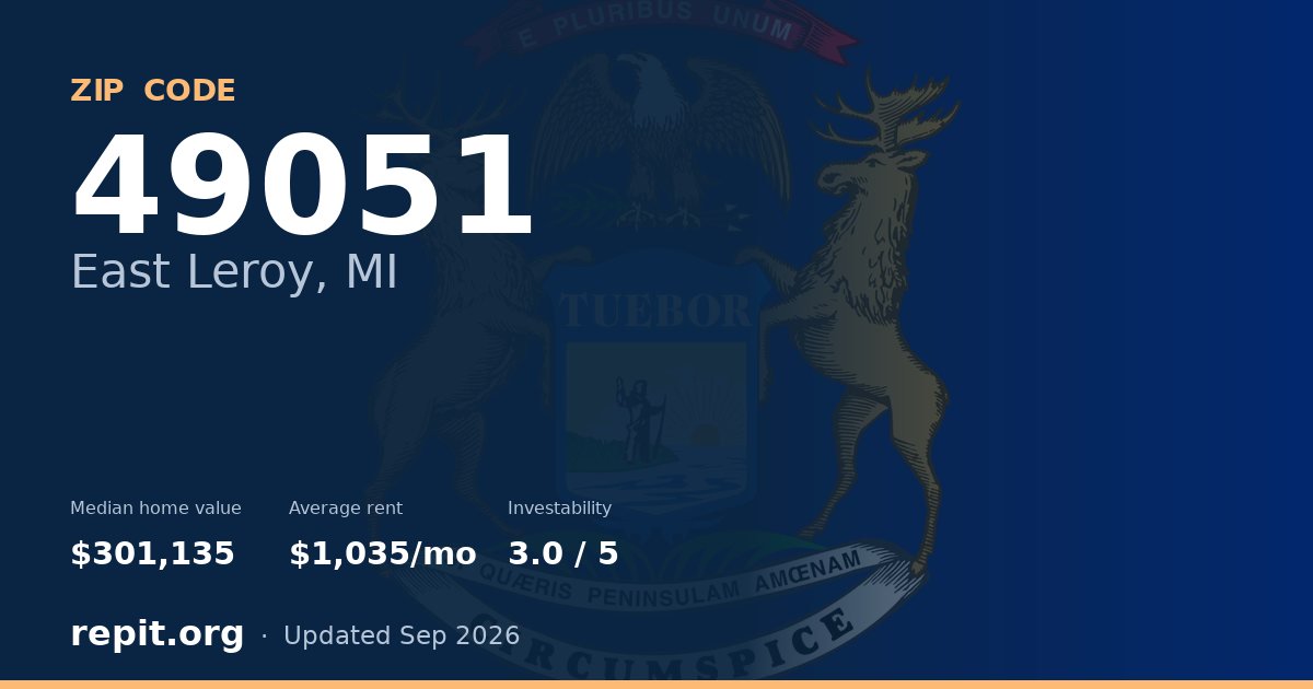 ZIP code 49051 (East Leroy, MI) — median home value $301,135, average rent $1,035/mo
