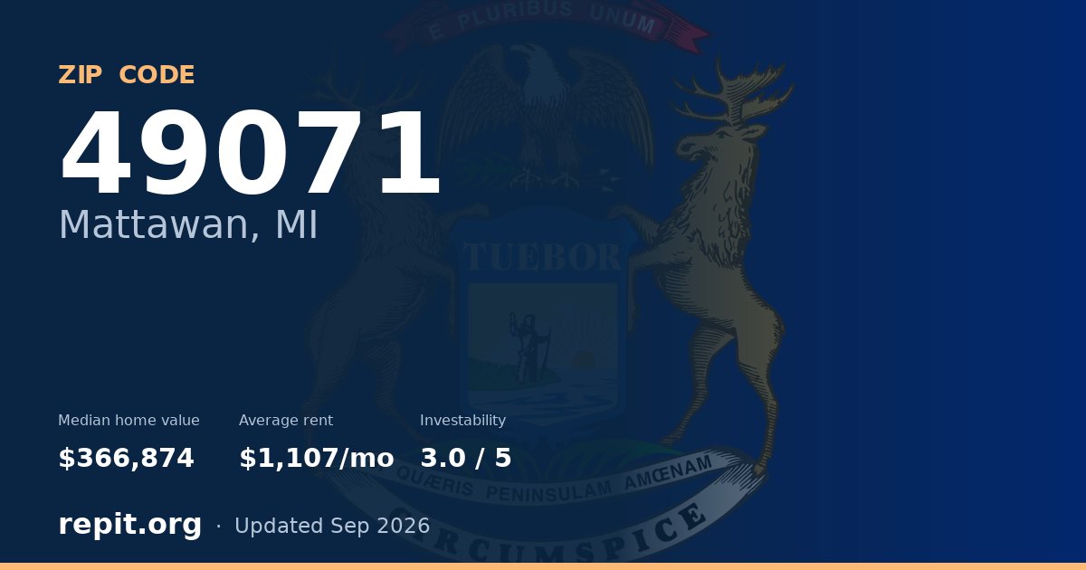 ZIP code 49071 (Mattawan, MI) — median home value $366,874, average rent $1,107/mo