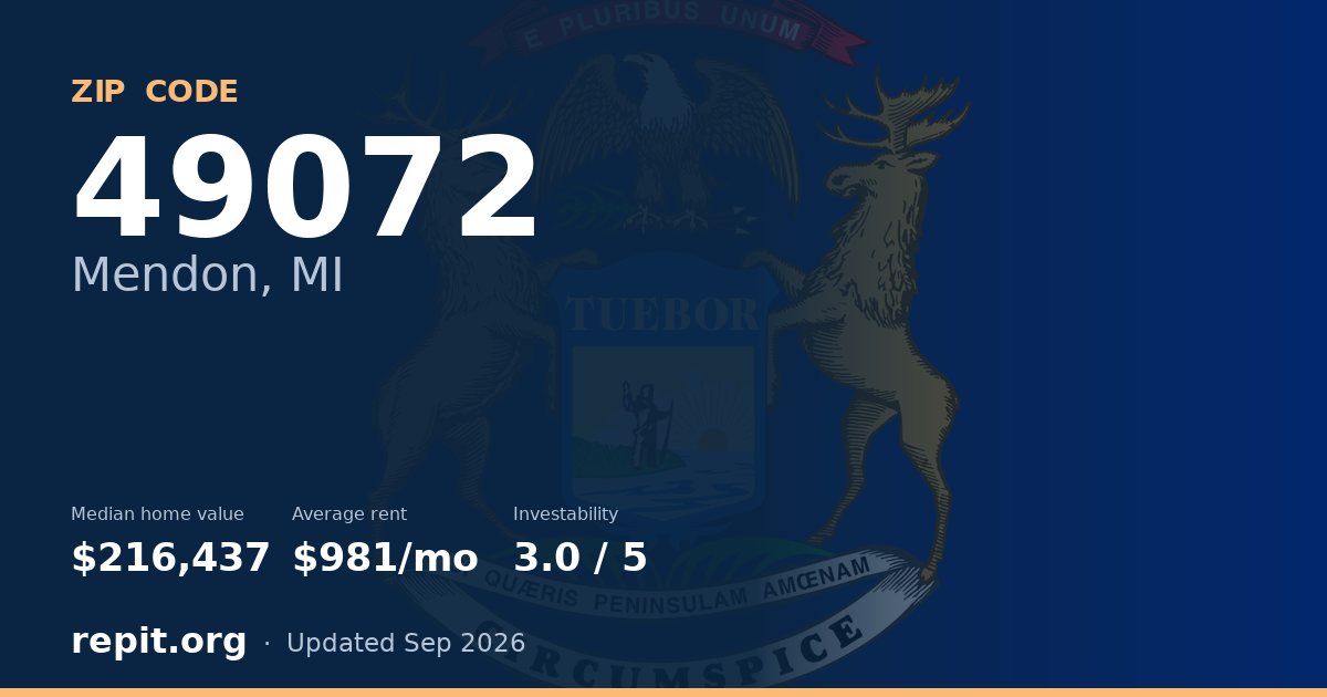 ZIP code 49072 (Mendon, MI) — median home value $216,437, average rent $981/mo