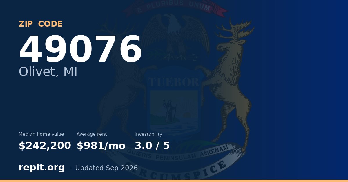 ZIP code 49076 (Olivet, MI) — median home value $242,200, average rent $981/mo