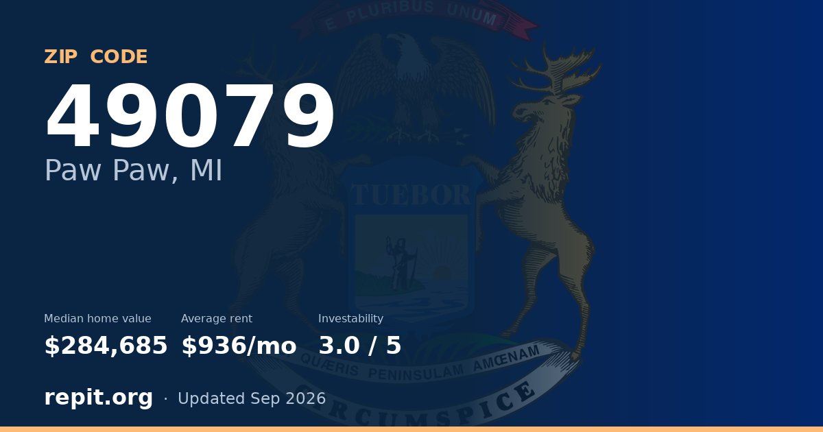 ZIP code 49079 (Paw Paw, MI) — median home value $284,685, average rent $936/mo