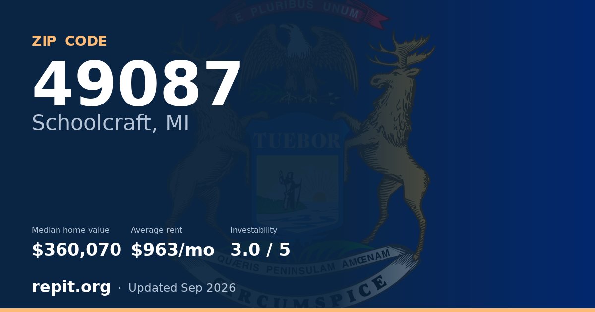 ZIP code 49087 (Schoolcraft, MI) — median home value $360,070, average rent $963/mo