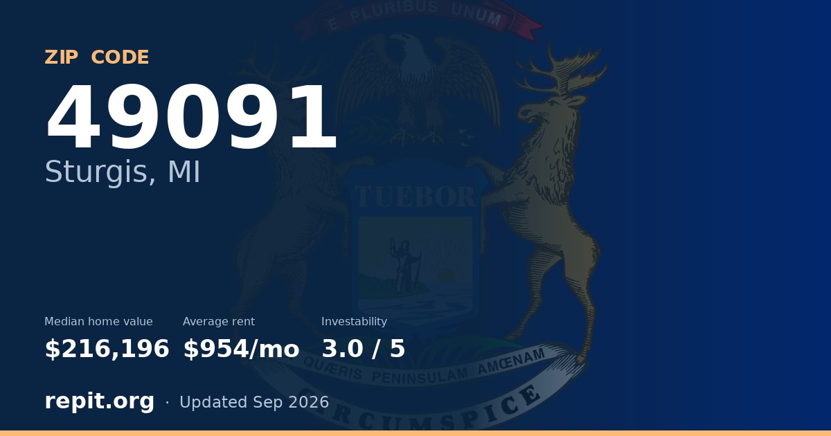 ZIP code 49091 (Sturgis, MI) — median home value $216,196, average rent $954/mo