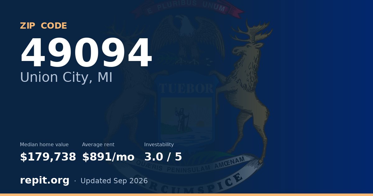 ZIP code 49094 (Union City, MI) — median home value $179,738, average rent $891/mo