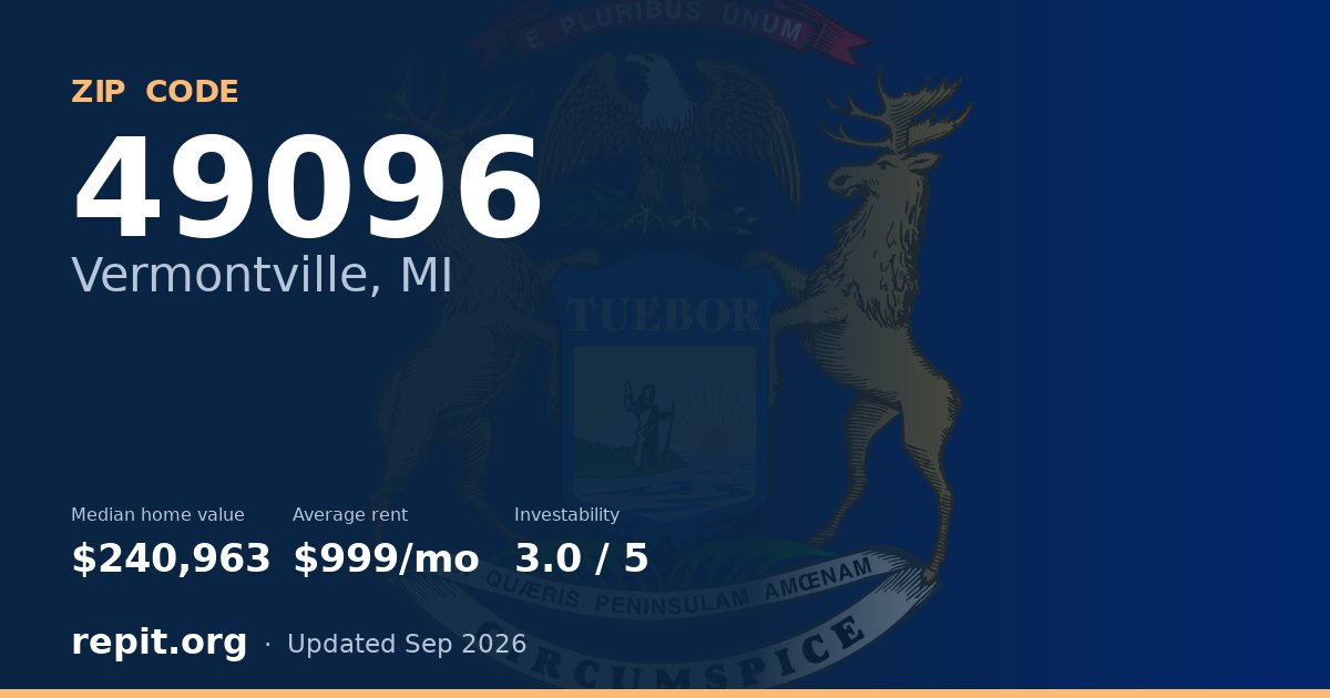 ZIP code 49096 (Vermontville, MI) — median home value $240,963, average rent $999/mo