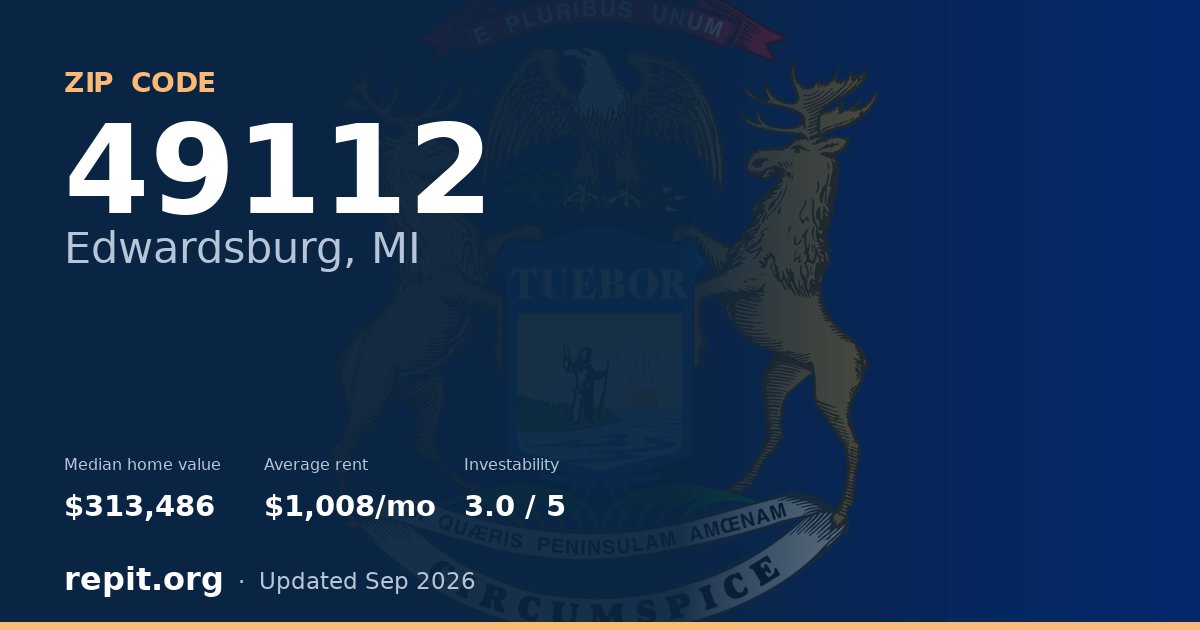 ZIP code 49112 (Edwardsburg, MI) — median home value $313,486, average rent $1,008/mo