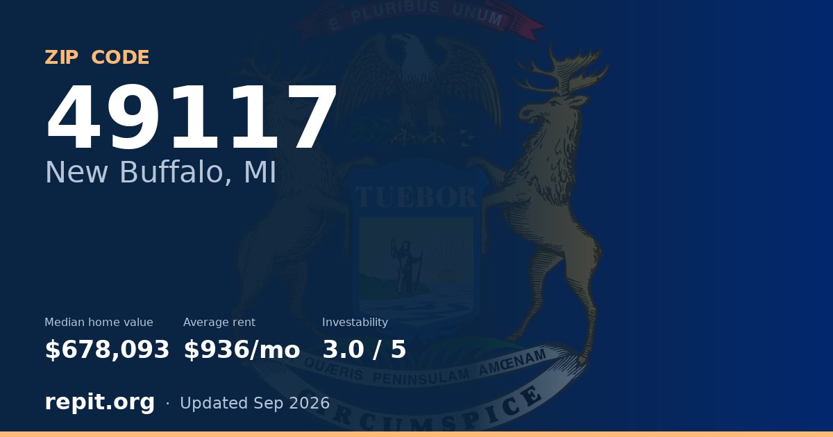 ZIP code 49117 (New Buffalo, MI) — median home value $678,093, average rent $936/mo