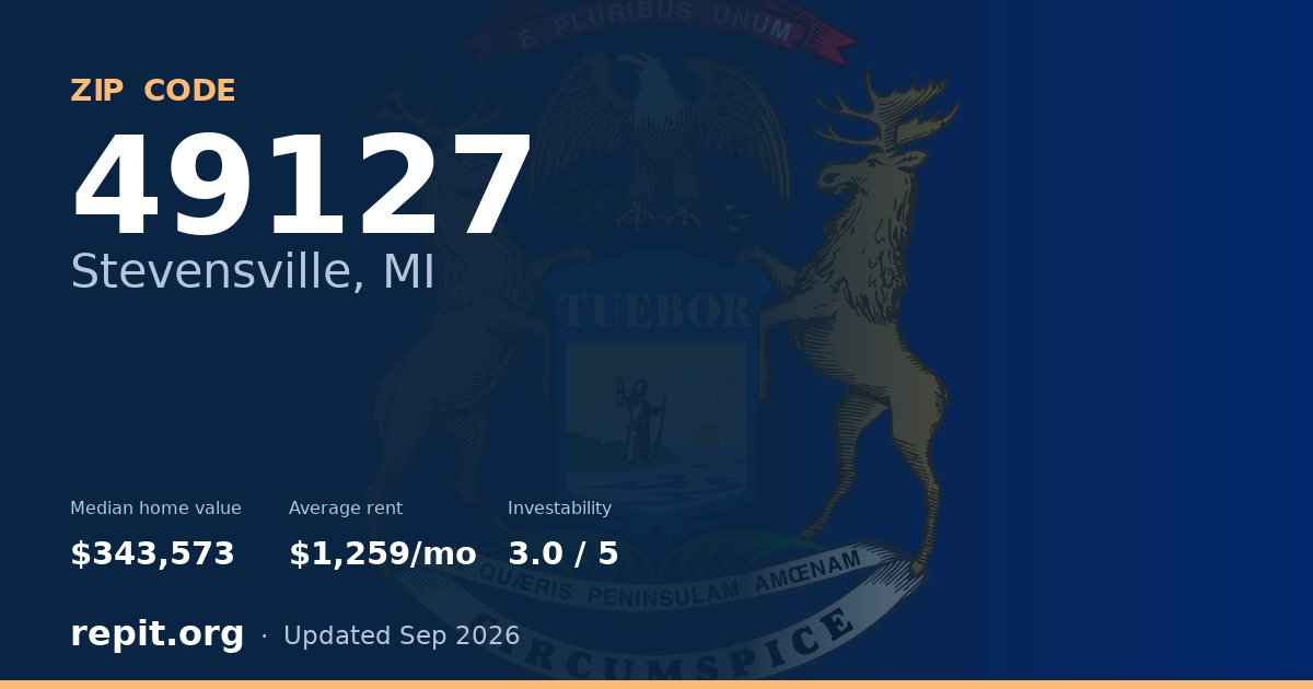 ZIP code 49127 (Stevensville, MI) — median home value $343,573, average rent $1,259/mo